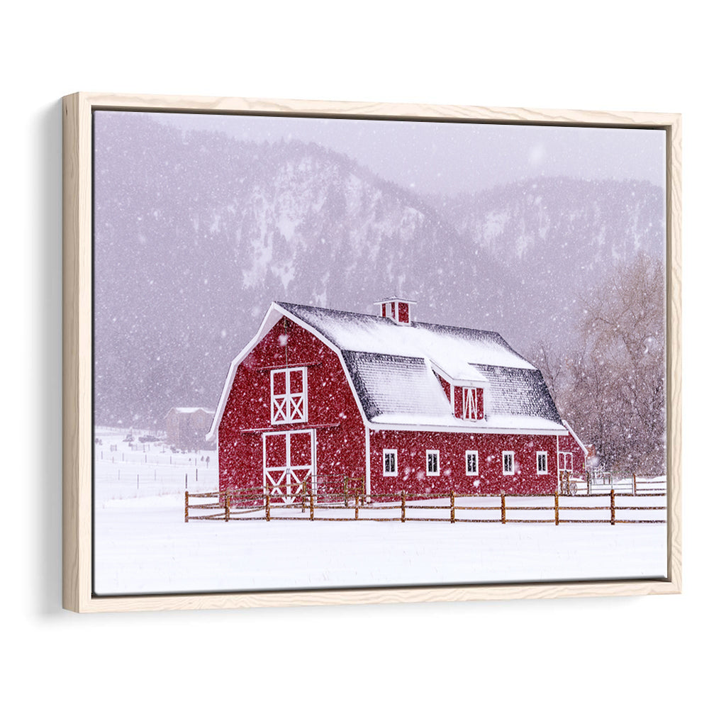 Bright Red Barn Covered With Snow Surrounded With Wooden Fence, Framed Cavas Print, Floating Frame