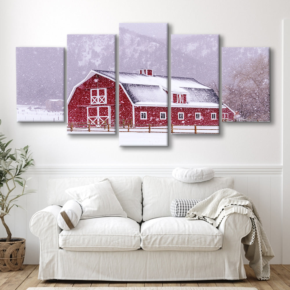 Bright red barn covered with snow surrounded with wooden fence on snowy winter day, 5 Piece Large Cavas Print Wall Art
