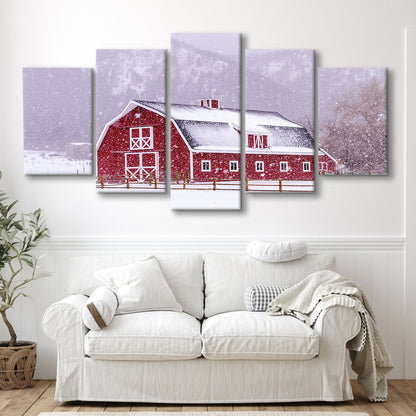 Bright red barn covered with snow surrounded with wooden fence on snowy winter day, 5 Piece Large Cavas Print Wall Art