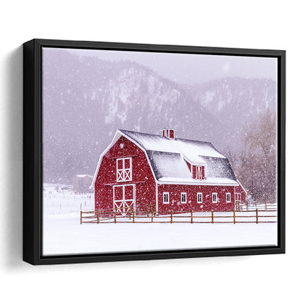 Bright Red Barn Covered With Snow Surrounded With Wooden Fence, Framed Cavas Print, Floating Frame