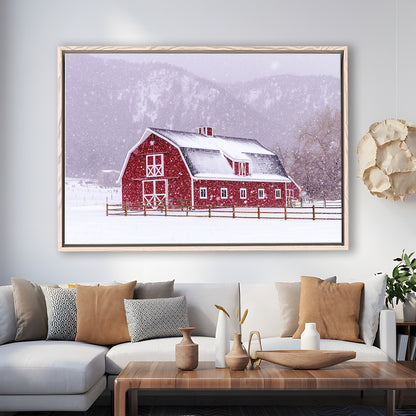 Bright Red Barn Covered With Snow Surrounded With Wooden Fence, Framed Cavas Print, Floating Frame