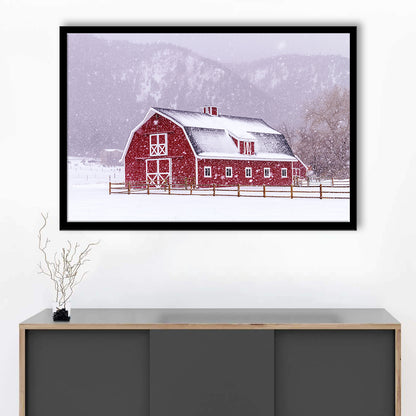 Bright Red Barn Covered With Snow Surrounded With Wooden Fence On Snowy Winter Day, Framed Art Print, Picture Framed
