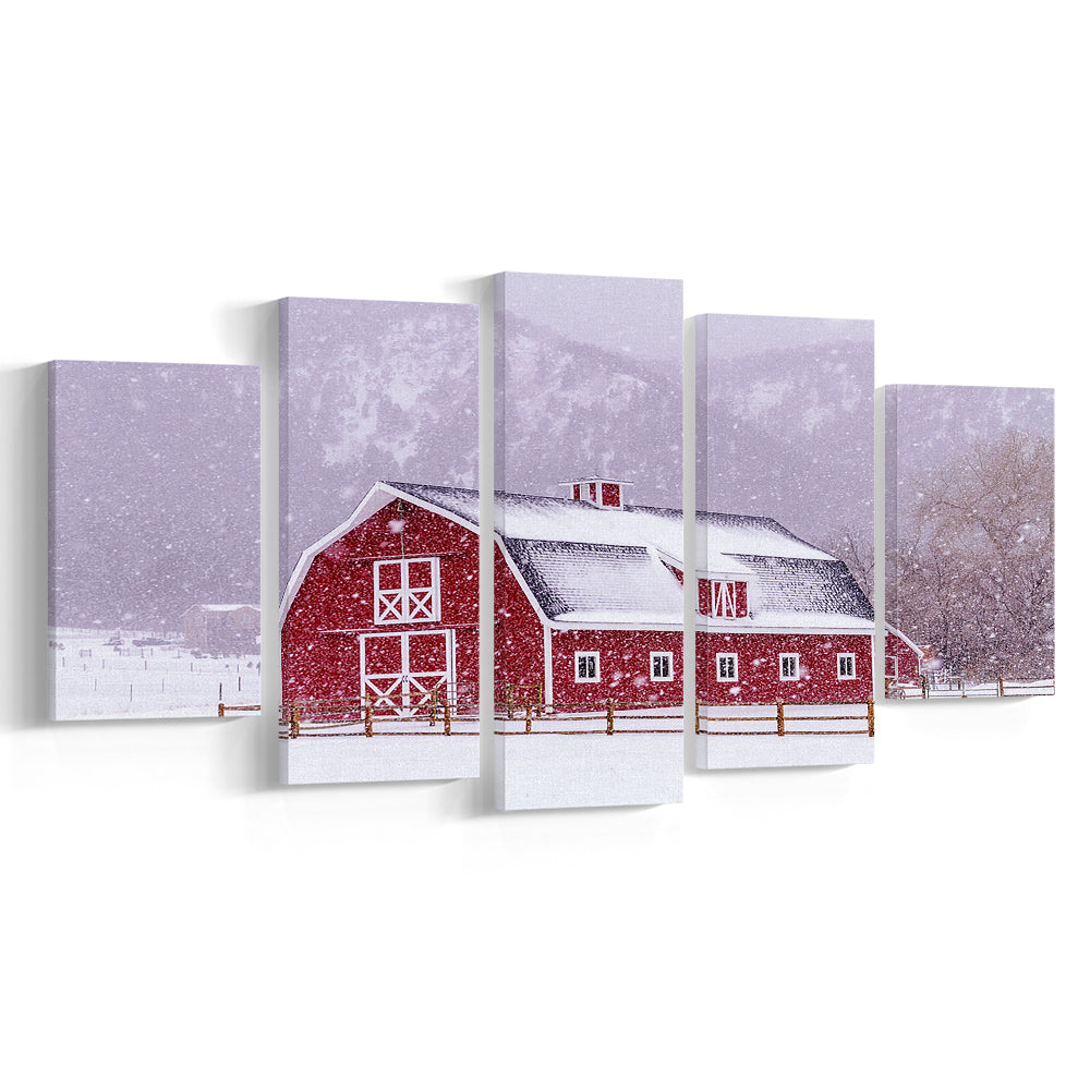 Bright red barn covered with snow surrounded with wooden fence on snowy winter day, 5 Piece Large Cavas Print Wall Art