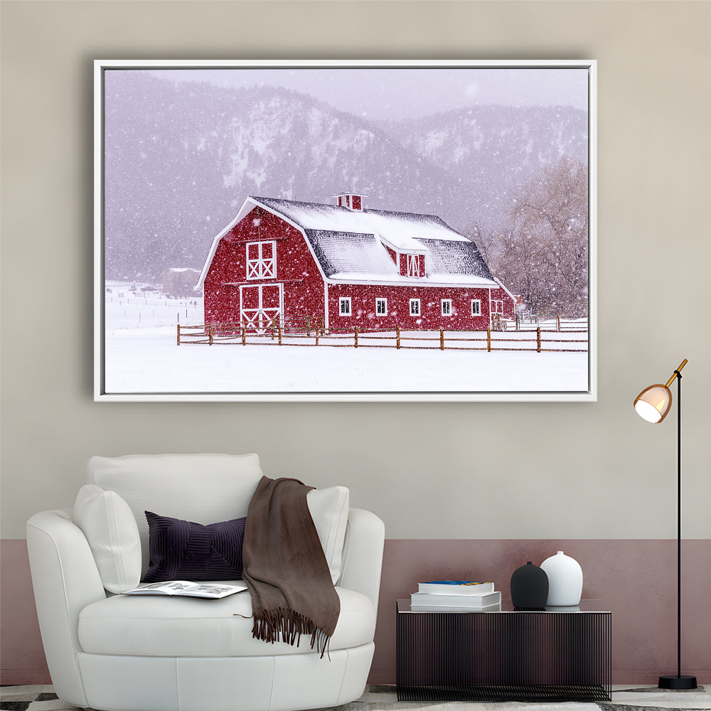 Bright Red Barn Covered With Snow Surrounded With Wooden Fence, Framed Cavas Print, Floating Frame