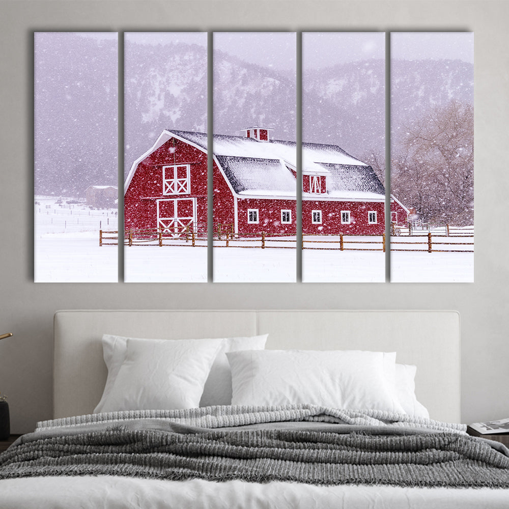 Bright red barn covered with snow surrounded with wooden fence, 5 Piece B Extra Large Cavas Print Wall Art Decor