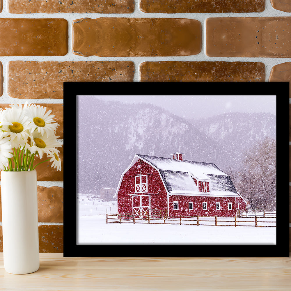 Bright Red Barn Covered With Snow Surrounded With Wooden Fence On Snowy Winter Day, Framed Art Print, Picture Framed