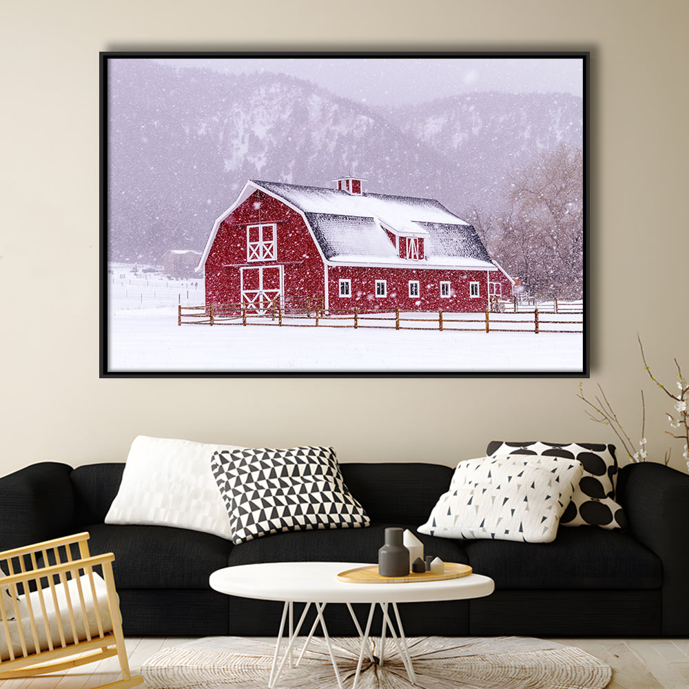 Bright Red Barn Covered With Snow Surrounded With Wooden Fence, Framed Cavas Print, Floating Frame