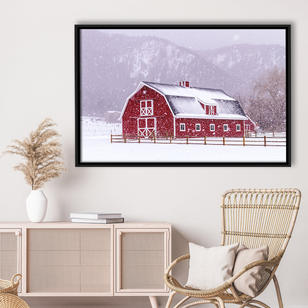 Bright Red Barn Covered With Snow Surrounded With Wooden Fence, Framed Cavas Print, Floating Frame