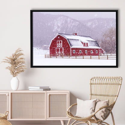 Bright Red Barn Covered With Snow Surrounded With Wooden Fence, Framed Cavas Print, Floating Frame