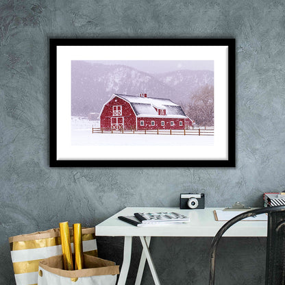 Bright Red Barn Covered With Snow Surrounded With Wooden Fence On Snowy Winter Day, Framed Art Print White Border
