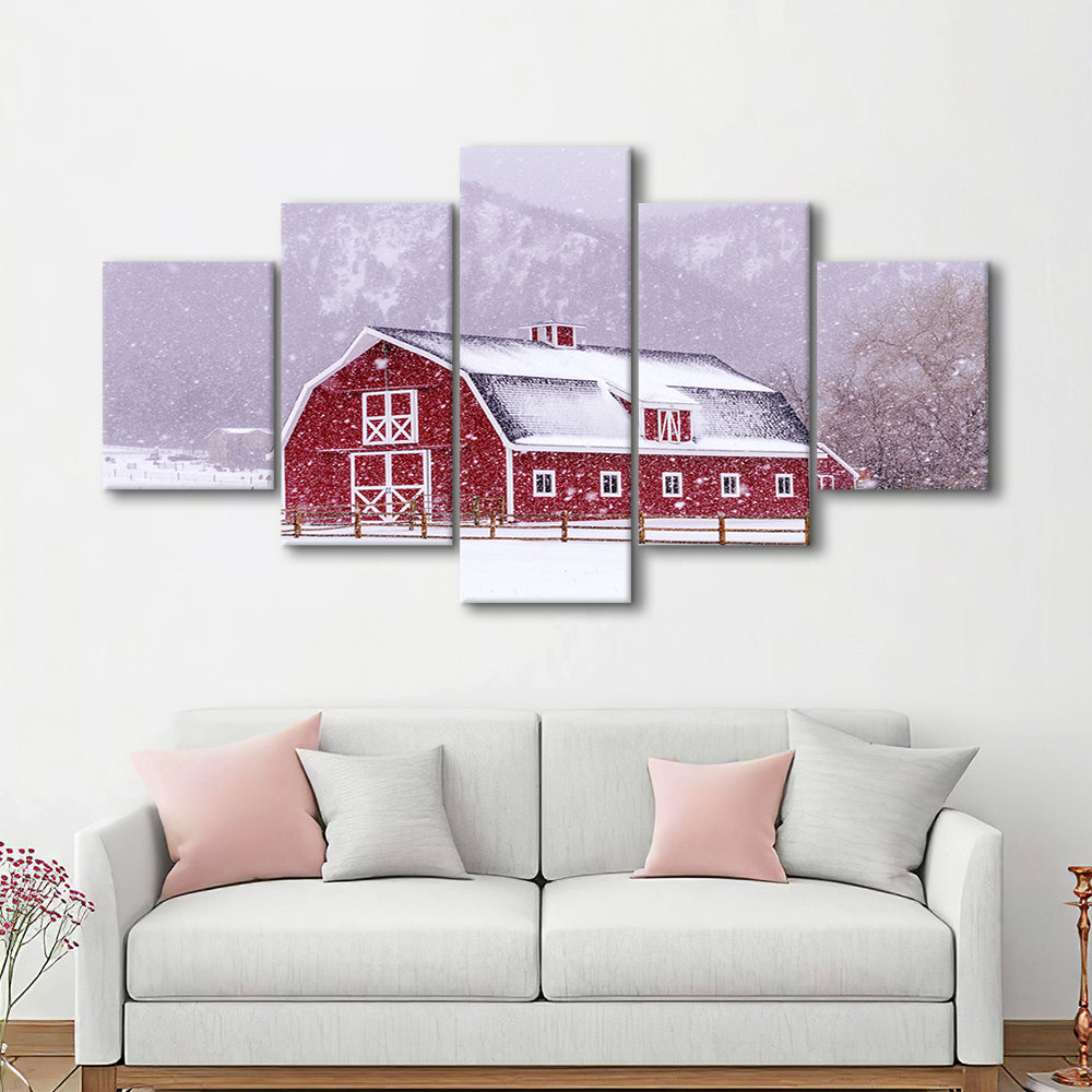 Bright red barn covered with snow surrounded with wooden fence on snowy winter day, 5 Piece Large Cavas Print Wall Art