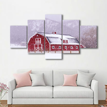 Bright red barn covered with snow surrounded with wooden fence on snowy winter day, 5 Piece Large Cavas Print Wall Art