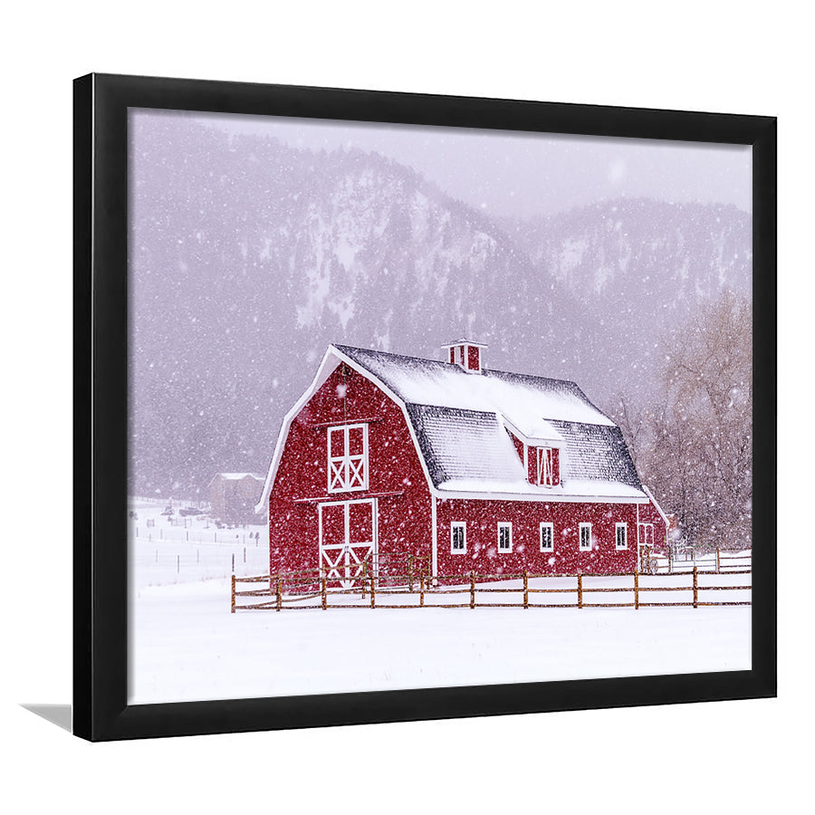 Bright Red Barn Covered With Snow Surrounded With Wooden Fence On Snowy Winter Day, Framed Art Print, Picture Framed