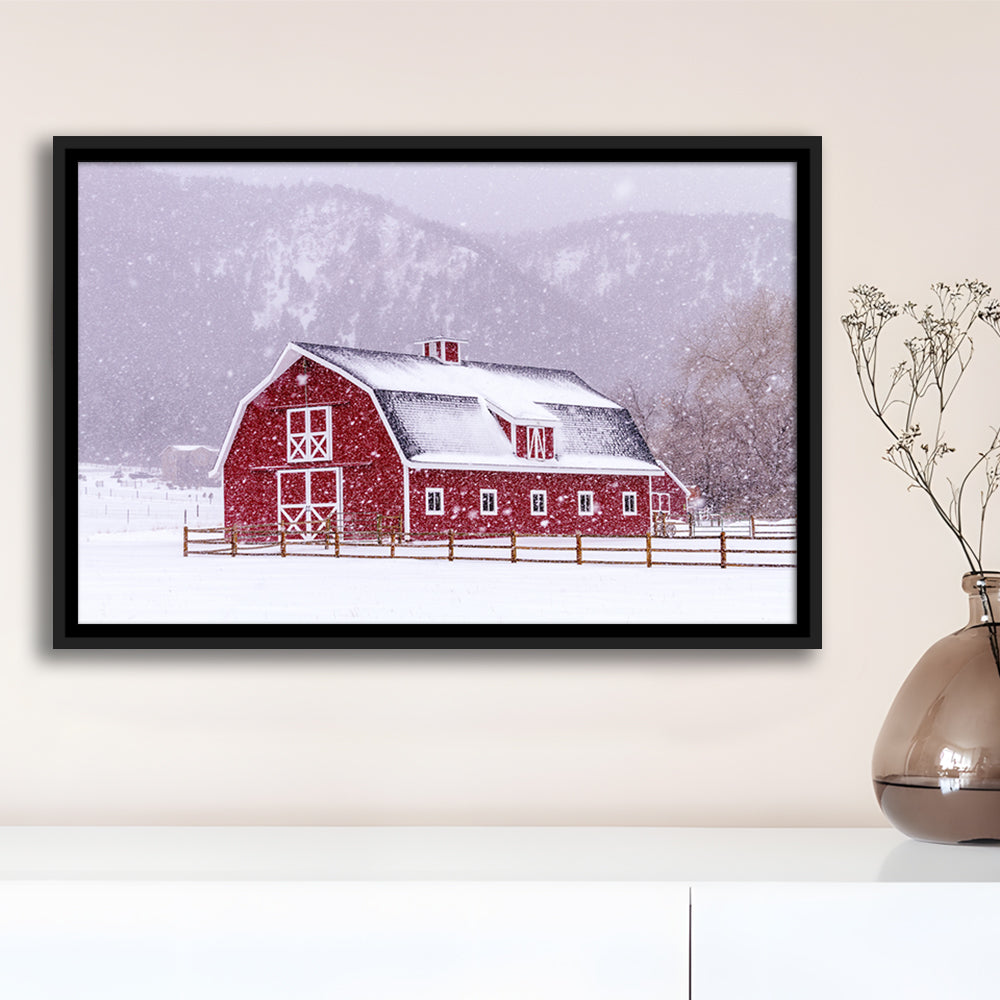 Bright Red Barn Covered With Snow Surrounded With Wooden Fence, Framed Cavas Print, Floating Frame