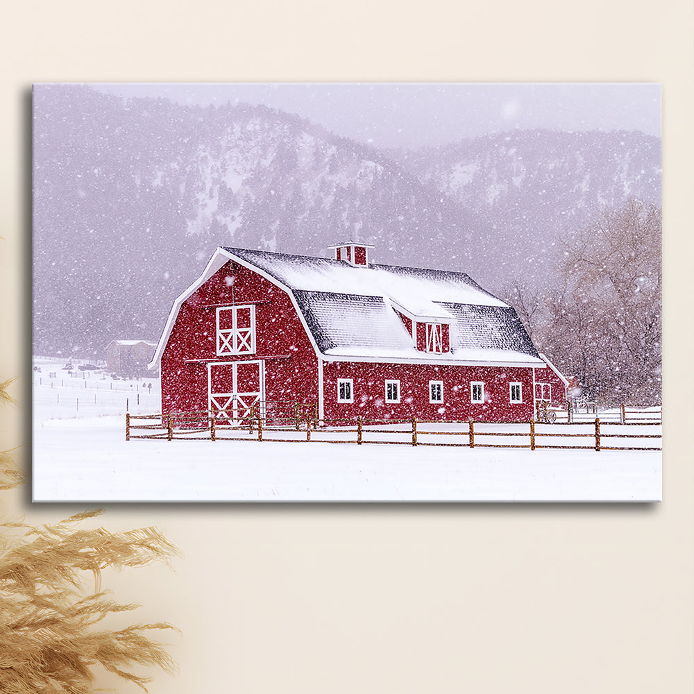 Bright red barn covered with snow surrounded with wooden fence on snowy winter day, Cavas Print Wall Art Hom Decor