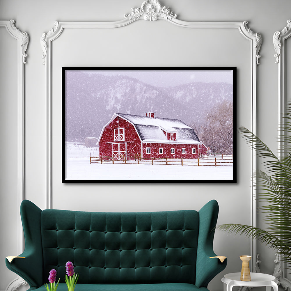 Bright Red Barn Covered With Snow Surrounded With Wooden Fence On Snowy Winter Day, Framed Art Print, Picture Framed