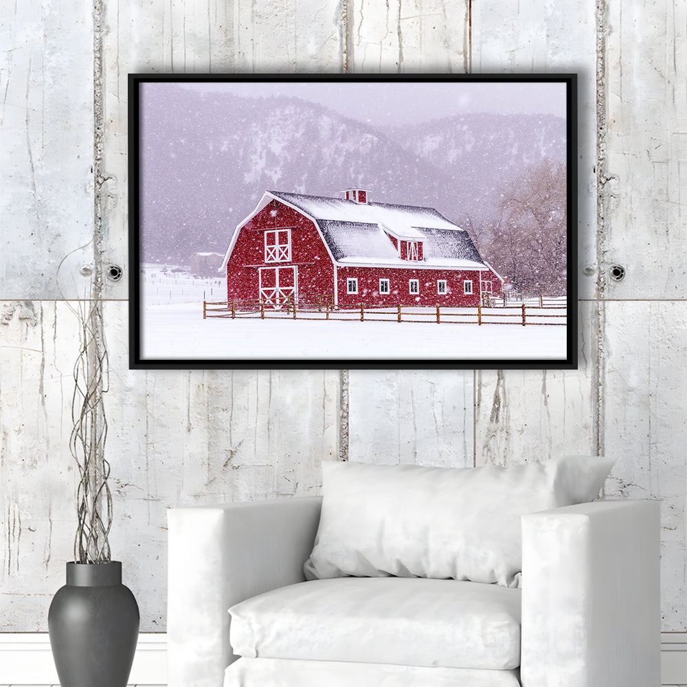 Bright Red Barn Covered With Snow Surrounded With Wooden Fence, Framed Cavas Print, Floating Frame