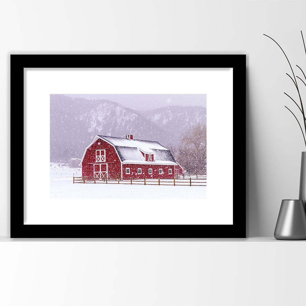 Bright Red Barn Covered With Snow Surrounded With Wooden Fence On Snowy Winter Day, Framed Art Print White Border