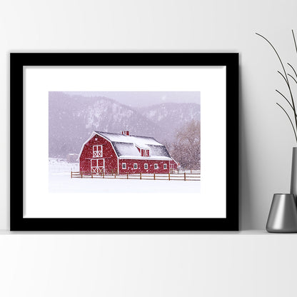 Bright Red Barn Covered With Snow Surrounded With Wooden Fence On Snowy Winter Day, Framed Art Print White Border