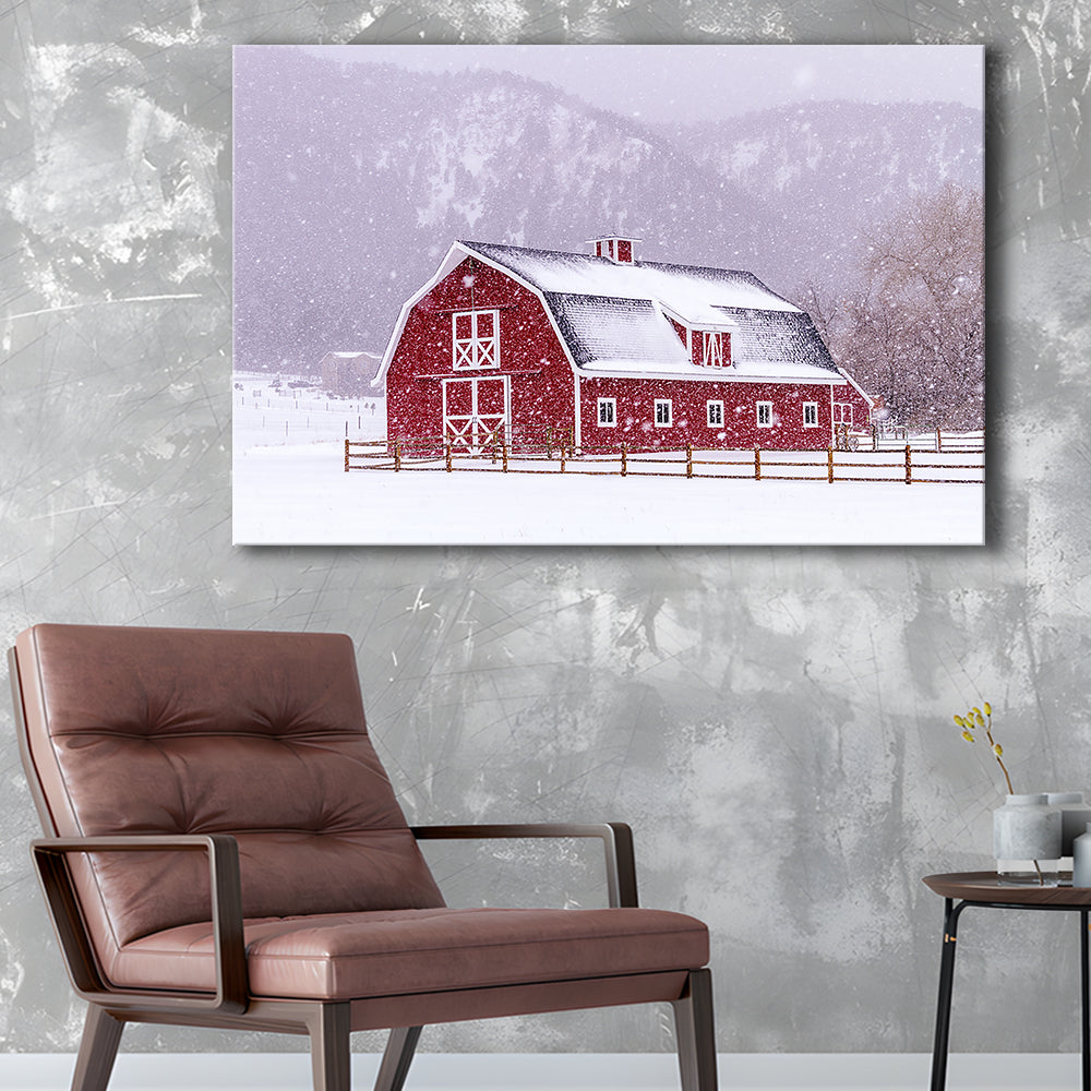 Bright red barn covered with snow surrounded with wooden fence on snowy winter day, Cavas Print Wall Art Hom Decor