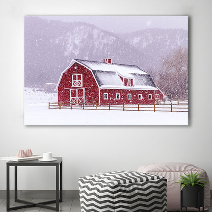 Bright red barn covered with snow surrounded with wooden fence on snowy winter day, Cavas Print Wall Art Hom Decor