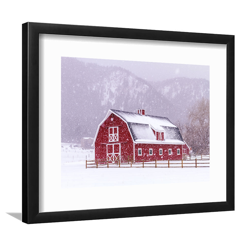 Bright Red Barn Covered With Snow Surrounded With Wooden Fence On Snowy Winter Day, Framed Art Print White Border