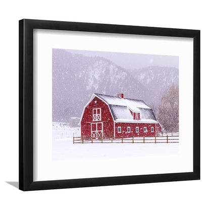 Bright Red Barn Covered With Snow Surrounded With Wooden Fence On Snowy Winter Day, Framed Art Print White Border
