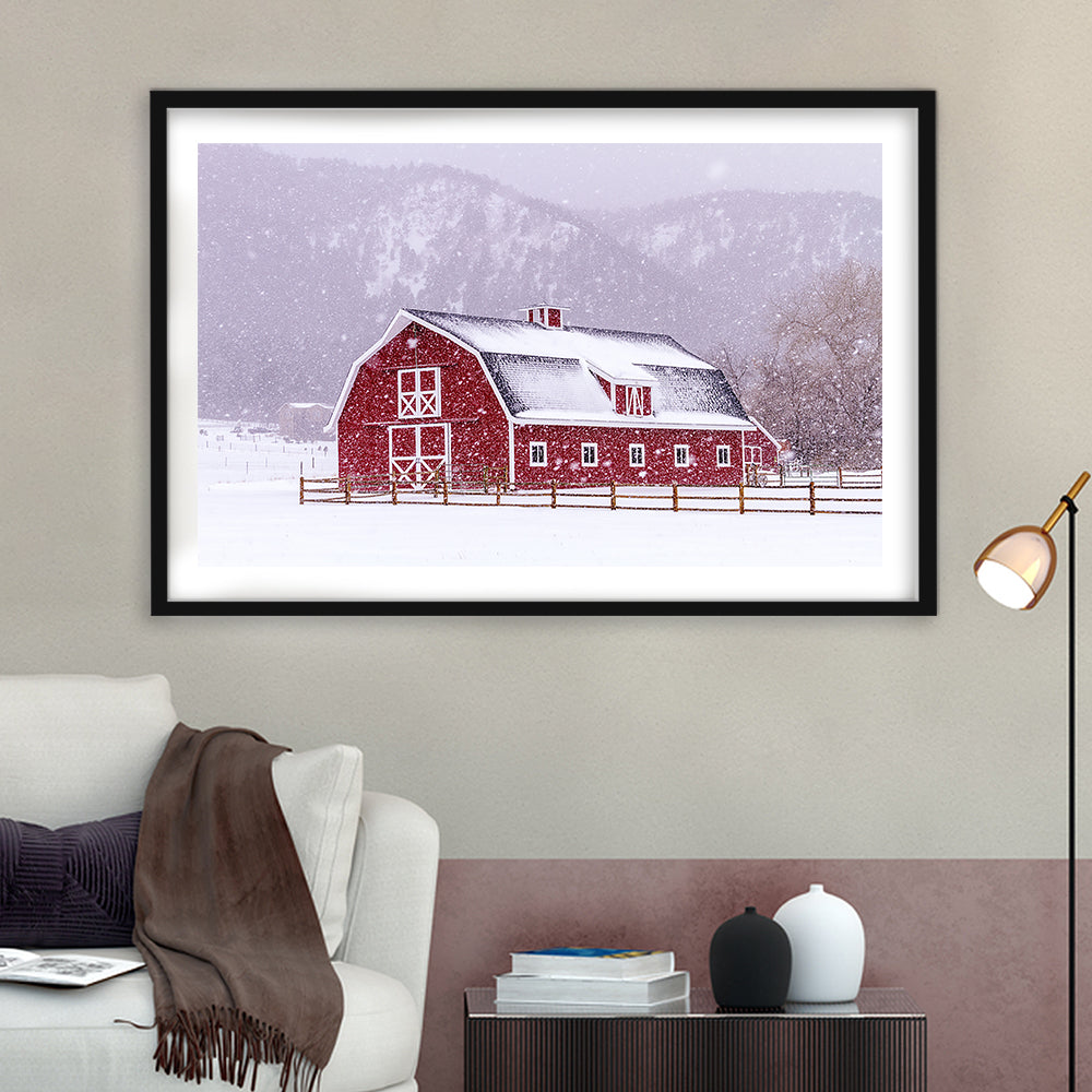 Bright Red Barn Covered With Snow Surrounded With Wooden Fence On Snowy Winter Day, Framed Art Print White Border