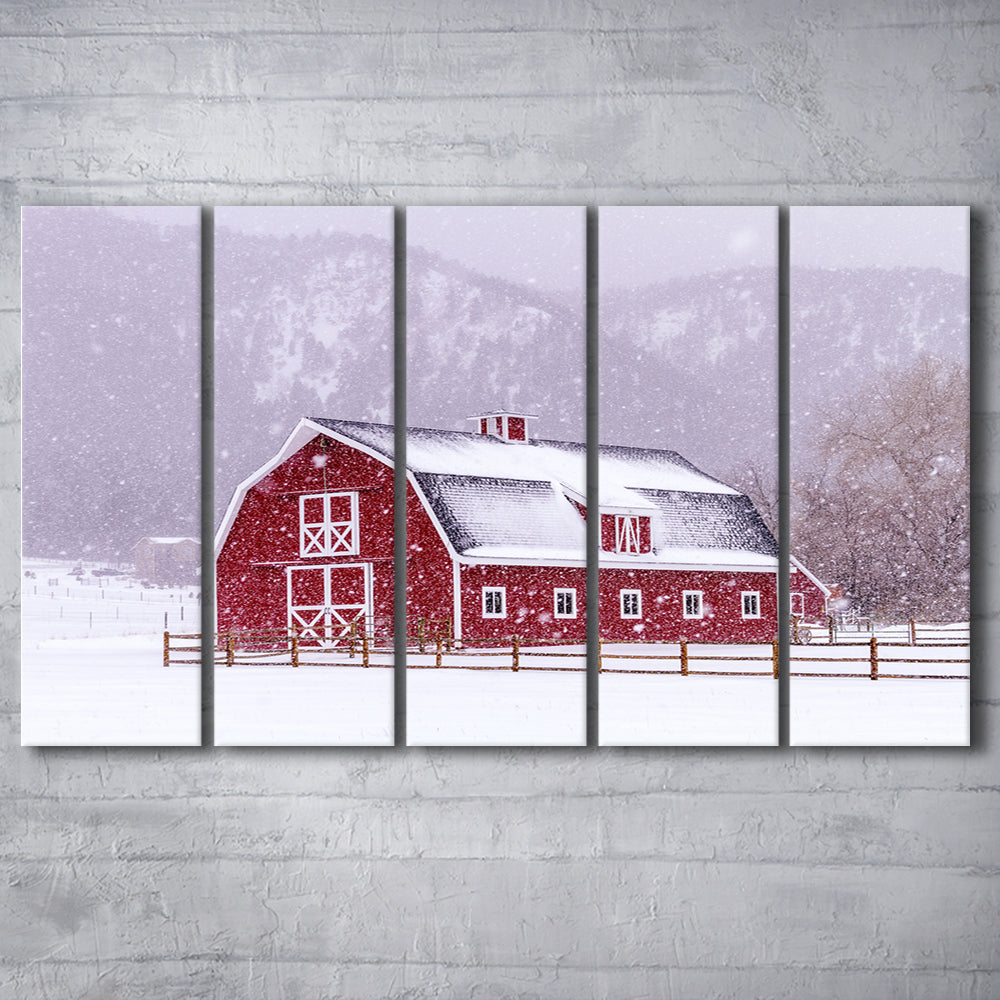 Bright red barn covered with snow surrounded with wooden fence, 5 Piece B Extra Large Cavas Print Wall Art Decor
