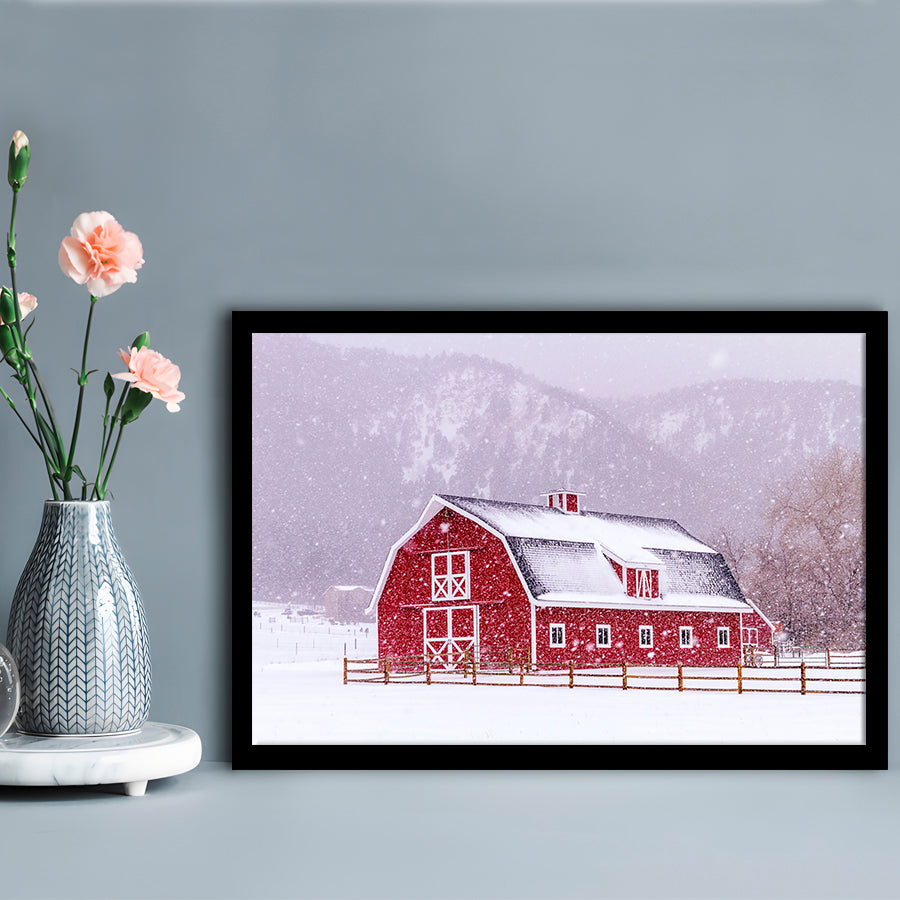 Bright Red Barn Covered With Snow Surrounded With Wooden Fence On Snowy Winter Day, Framed Art Print, Picture Framed
