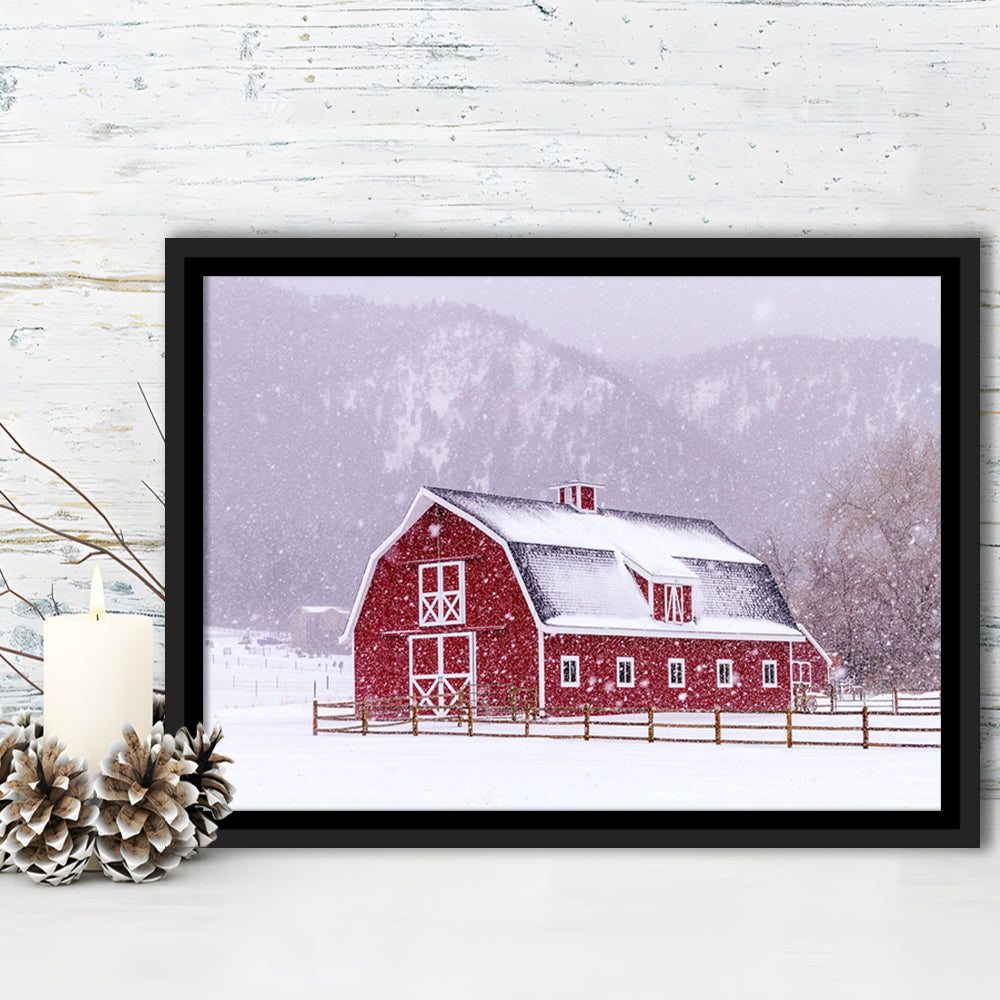 Bright Red Barn Covered With Snow Surrounded With Wooden Fence, Framed Cavas Print, Floating Frame