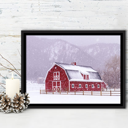 Bright Red Barn Covered With Snow Surrounded With Wooden Fence, Framed Cavas Print, Floating Frame