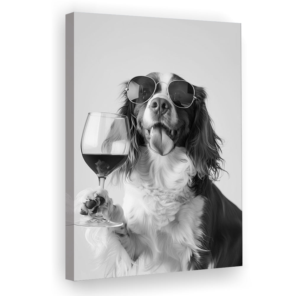 Brittany Spaniel and Wine Canvas Print Wall Art, Black and White, Brittany Print, Pet Art, Bar Cart Print