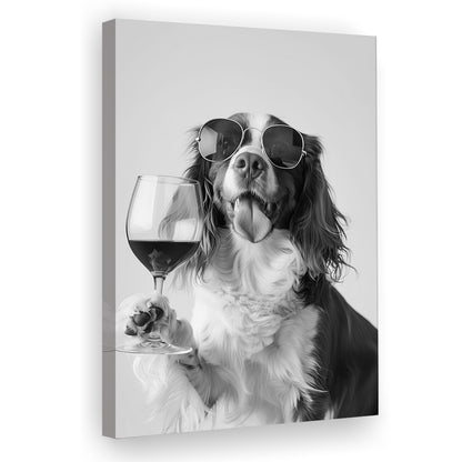 Brittany Spaniel and Wine Canvas Print Wall Art, Black and White, Brittany Print, Pet Art, Bar Cart Print