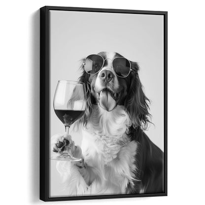 Brittany Spaniel and Wine Framed Canvas Print Wall Art, Black and White, Brittany Print, Pet Art, Bar Cart Print