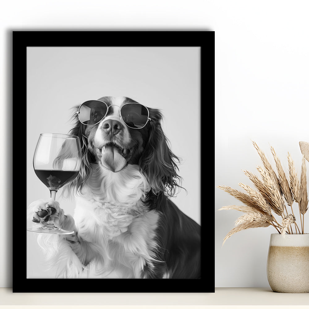 Brittany Spaniel and Wine Framed Art Print Wall Decor, Black and White, Brittany Print, Pet Art, Bar Cart Print