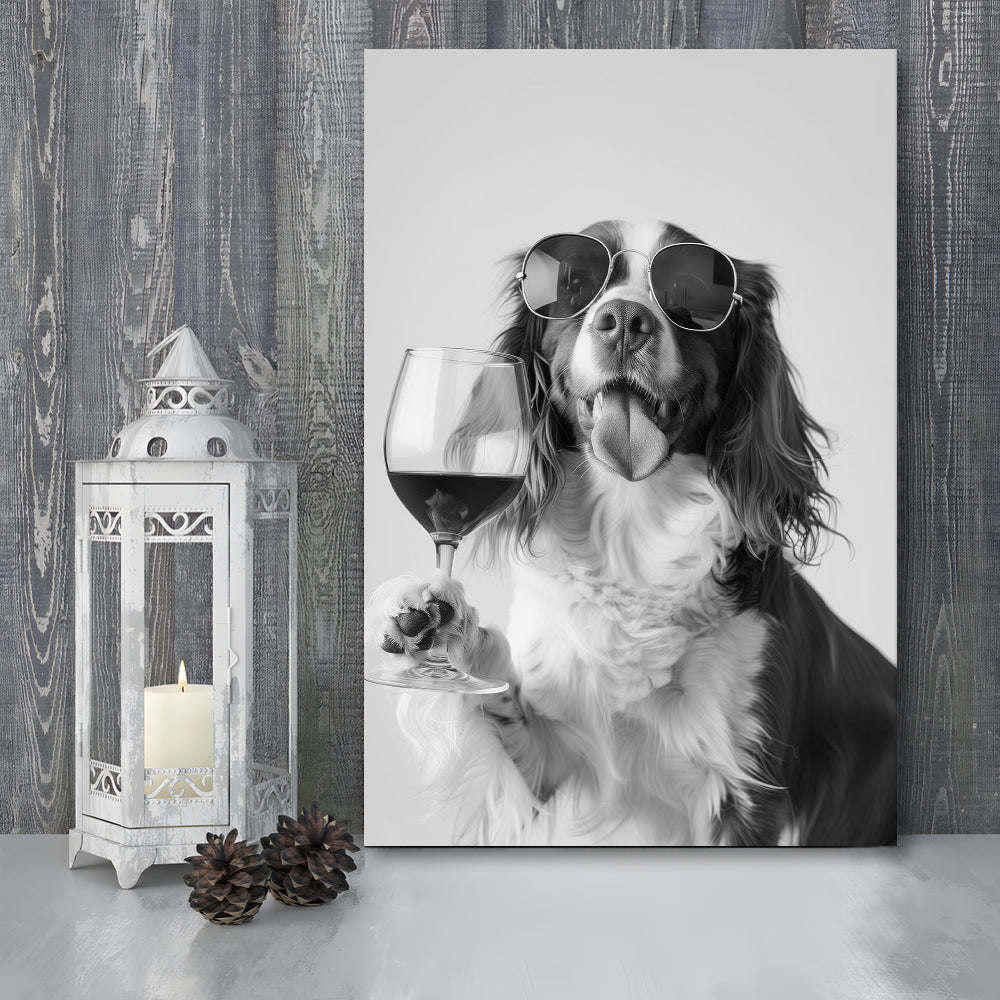 Brittany Spaniel and Wine Canvas Print Wall Art, Black and White, Brittany Print, Pet Art, Bar Cart Print