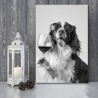 Brittany Spaniel and Wine Canvas Print Wall Art, Black and White, Brittany Print, Pet Art, Bar Cart Print