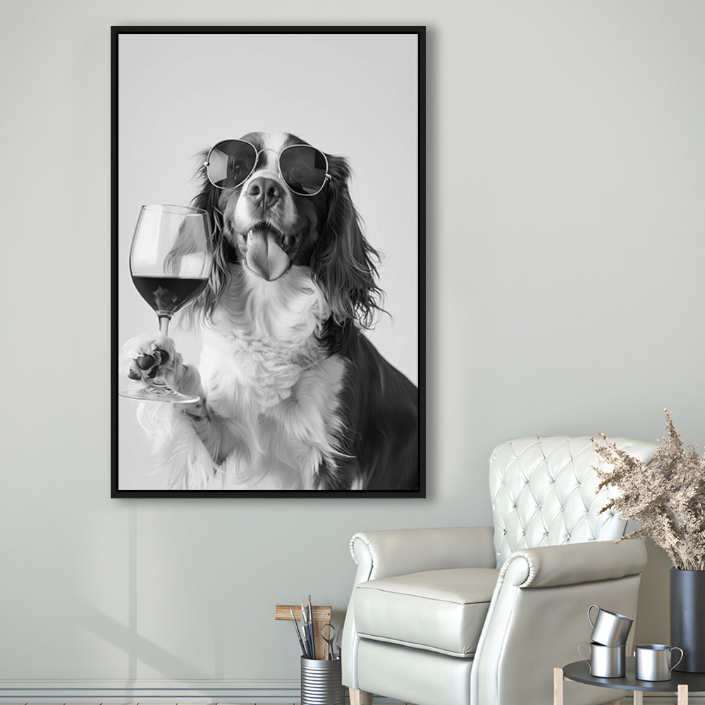 Brittany Spaniel and Wine Framed Canvas Print Wall Art, Black and White, Brittany Print, Pet Art, Bar Cart Print