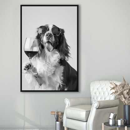 Brittany Spaniel and Wine Framed Canvas Print Wall Art, Black and White, Brittany Print, Pet Art, Bar Cart Print