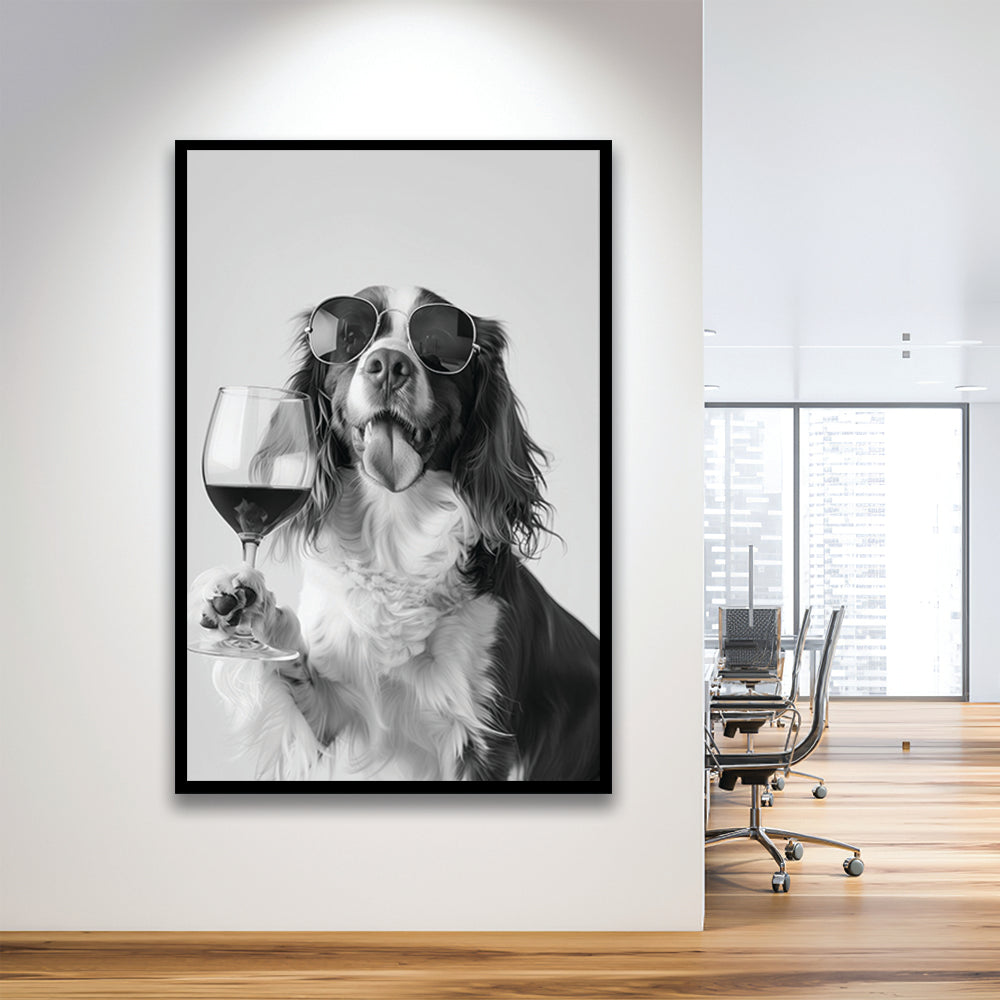 Brittany Spaniel and Wine Framed Art Print Wall Decor, Black and White, Brittany Print, Pet Art, Bar Cart Print