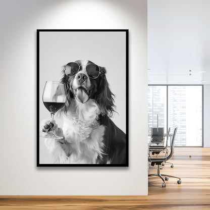Brittany Spaniel and Wine Framed Art Print Wall Decor, Black and White, Brittany Print, Pet Art, Bar Cart Print