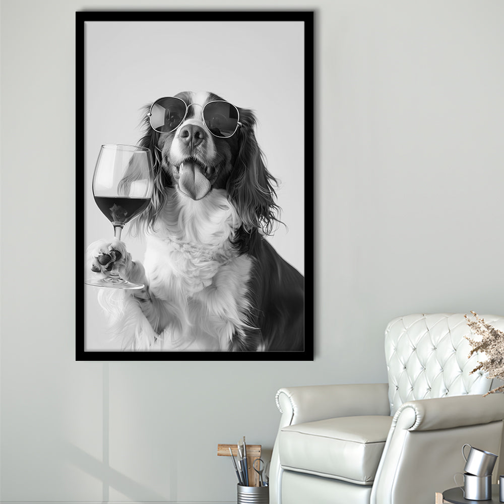 Brittany Spaniel and Wine Framed Art Print Wall Decor, Black and White, Brittany Print, Pet Art, Bar Cart Print