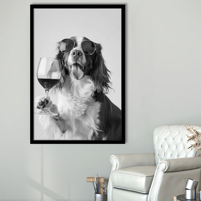 Brittany Spaniel and Wine Framed Art Print Wall Decor, Black and White, Brittany Print, Pet Art, Bar Cart Print