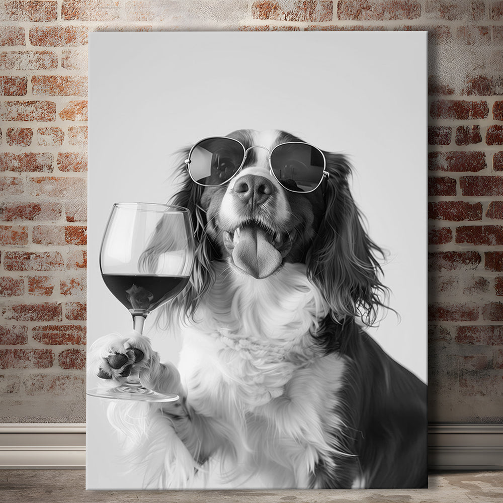 Brittany Spaniel and Wine Canvas Print Wall Art, Black and White, Brittany Print, Pet Art, Bar Cart Print