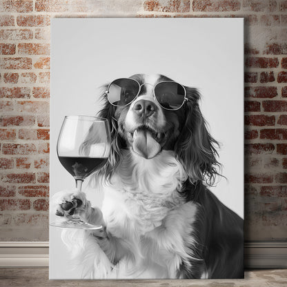 Brittany Spaniel and Wine Canvas Print Wall Art, Black and White, Brittany Print, Pet Art, Bar Cart Print