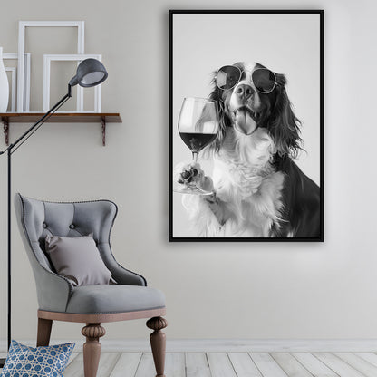 Brittany Spaniel and Wine Framed Canvas Print Wall Art, Black and White, Brittany Print, Pet Art, Bar Cart Print