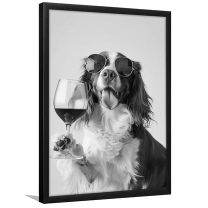 Brittany Spaniel and Wine Framed Art Print Wall Decor, Black and White, Brittany Print, Pet Art, Bar Cart Print