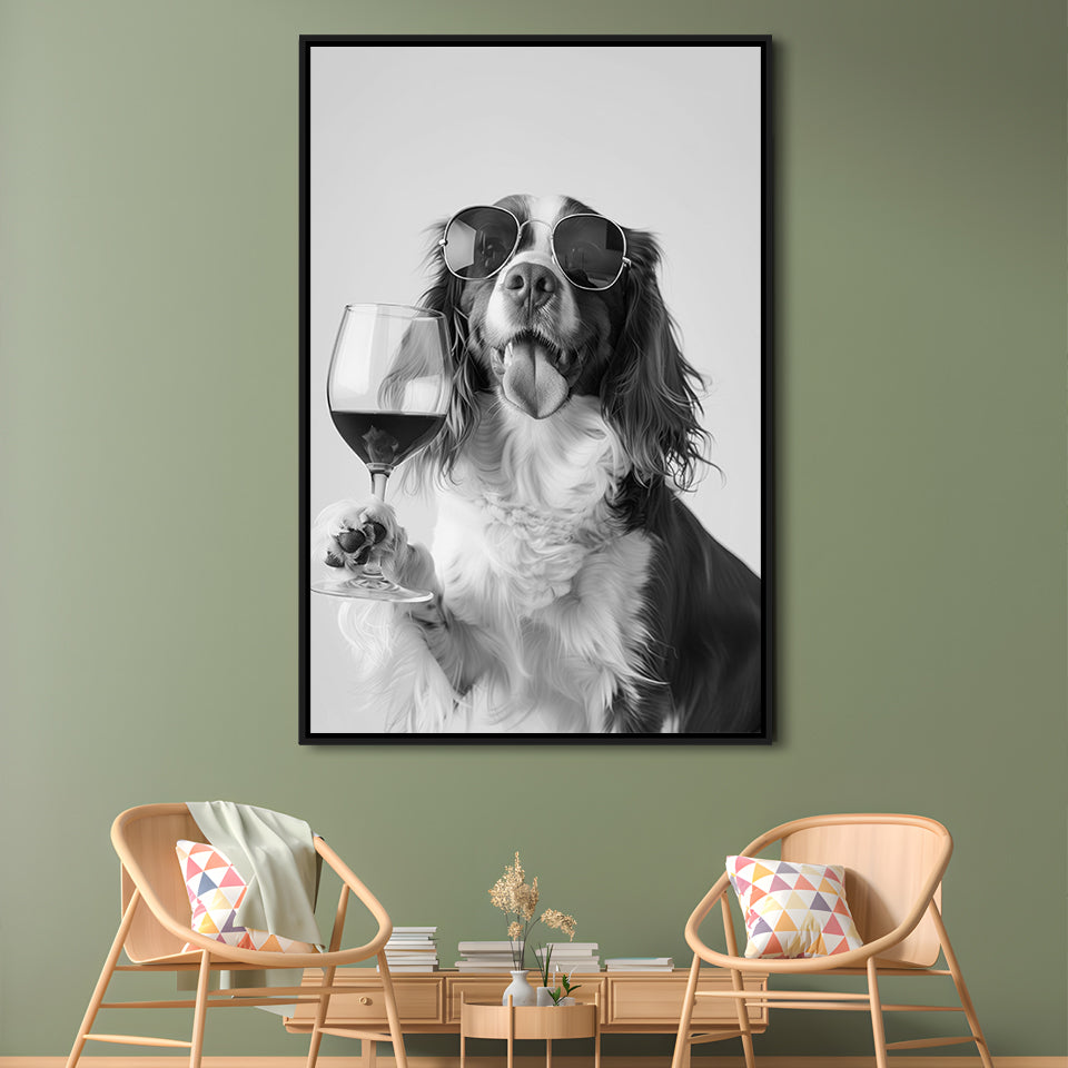 Brittany Spaniel and Wine Framed Canvas Print Wall Art, Black and White, Brittany Print, Pet Art, Bar Cart Print