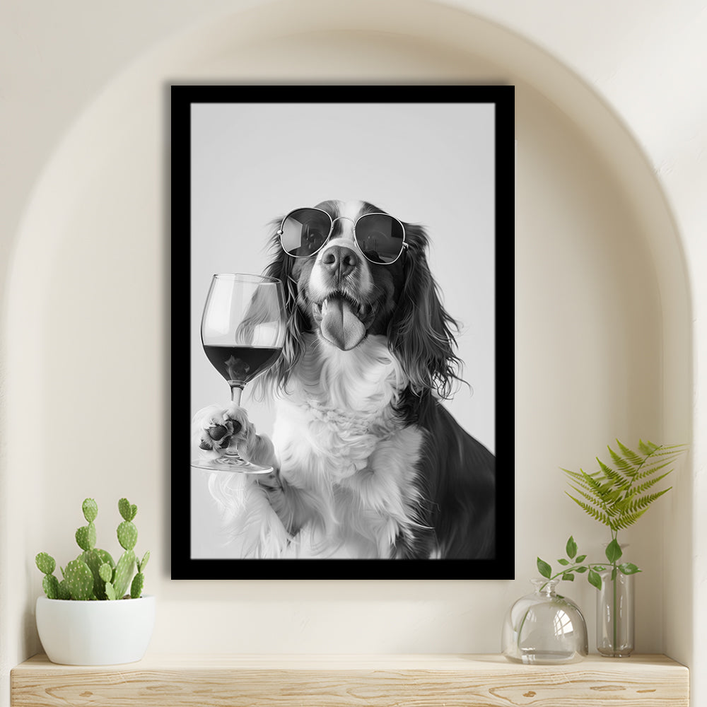 Brittany Spaniel and Wine Framed Art Print Wall Decor, Black and White, Brittany Print, Pet Art, Bar Cart Print